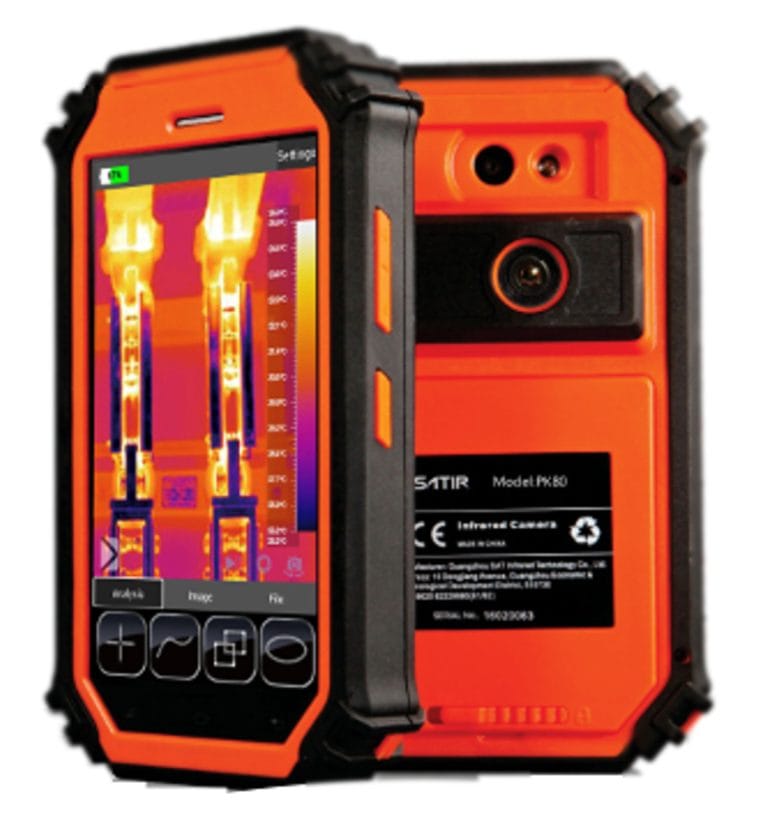 قیمت و دوربین حرارتی جیبی SATIR PK-160 با طراحی مقاوم و نمایشگر لمسی در حال نمایش ترموگرام برای ترموگرافی